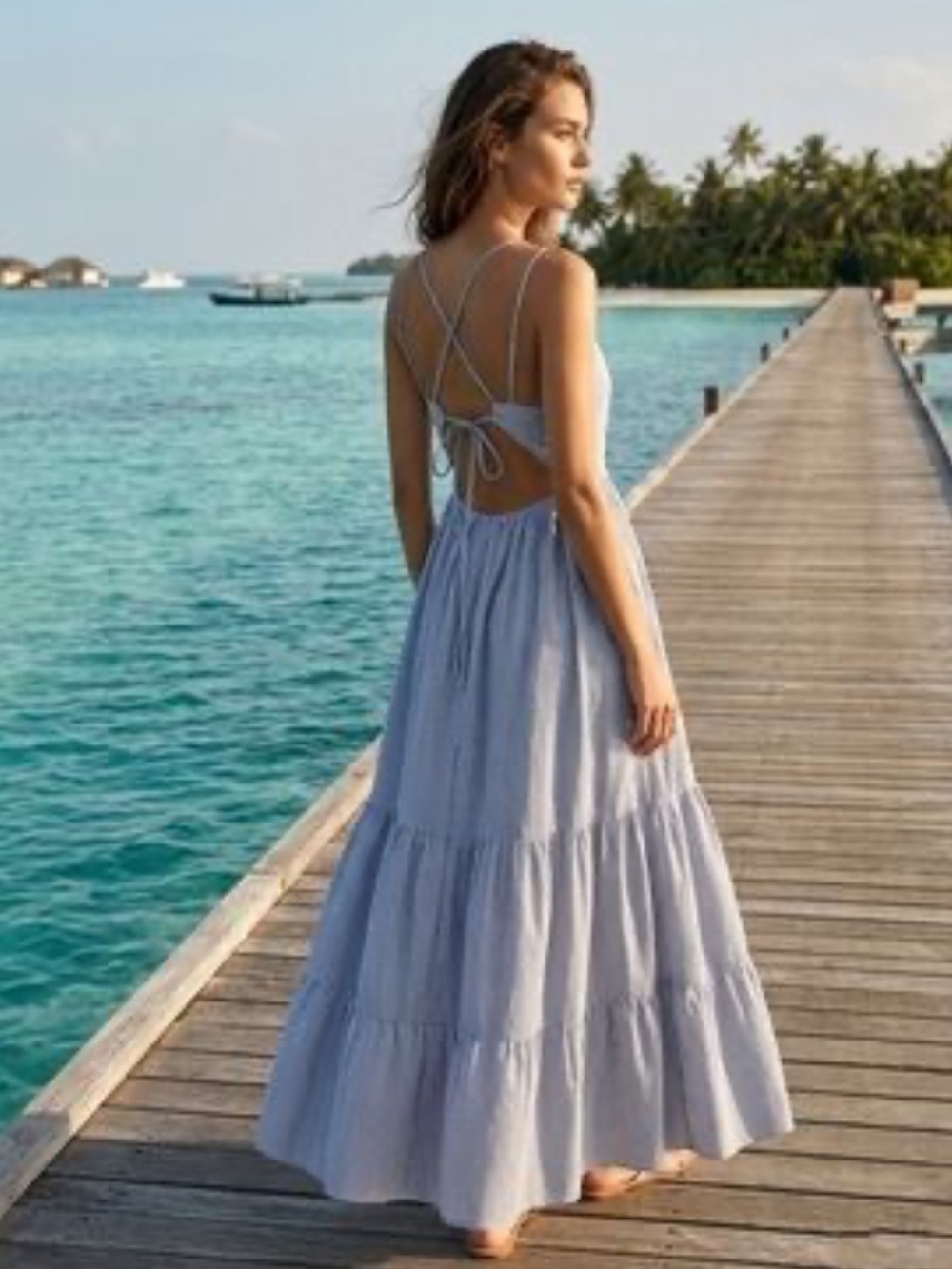 Forever 21 Blue Striped Ruffle Tiered Maxi Dress Halter Coastal Boho Lagenlook